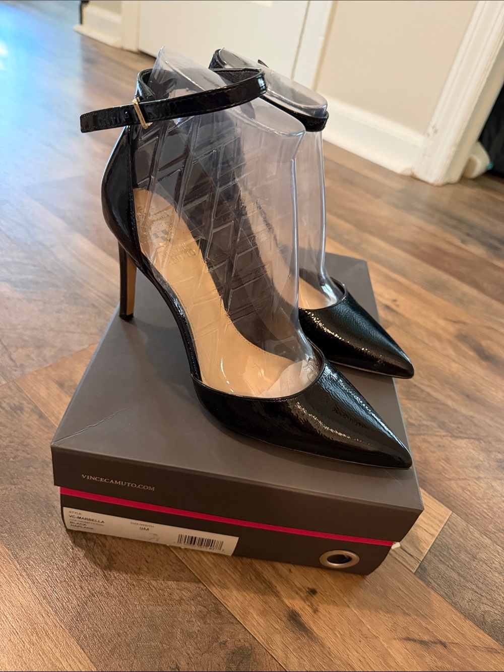 Vince Camuto Black Patent Leather T-Strap Pointed-Toe Pumps